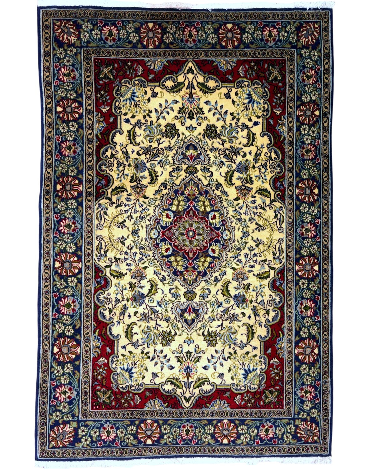 Tappeto persiano Qom 160x106 cm crema con medaglione floreale