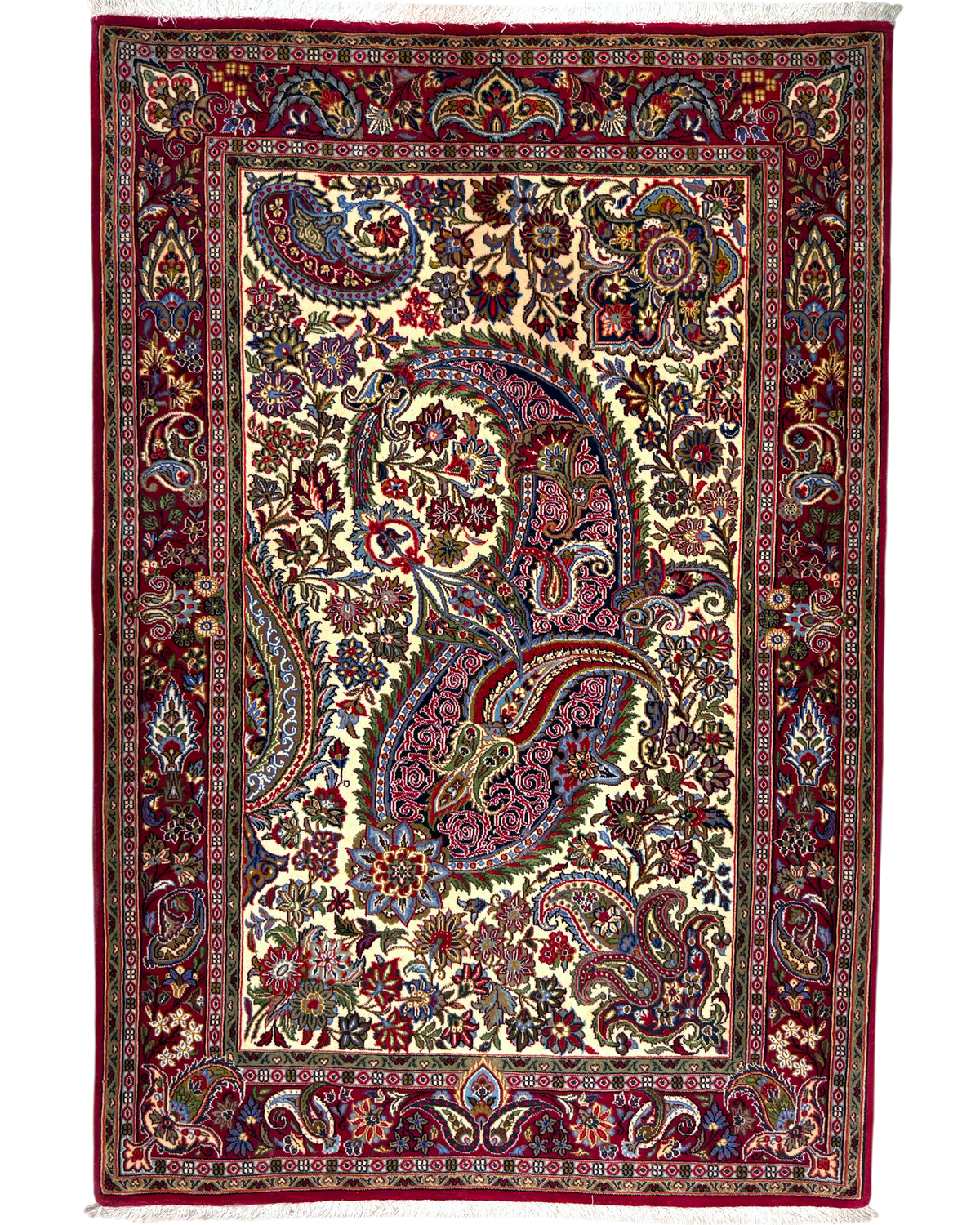Tappeto persiano Qom Kork 158x107 cm crema e bordeaux con motivo boteh