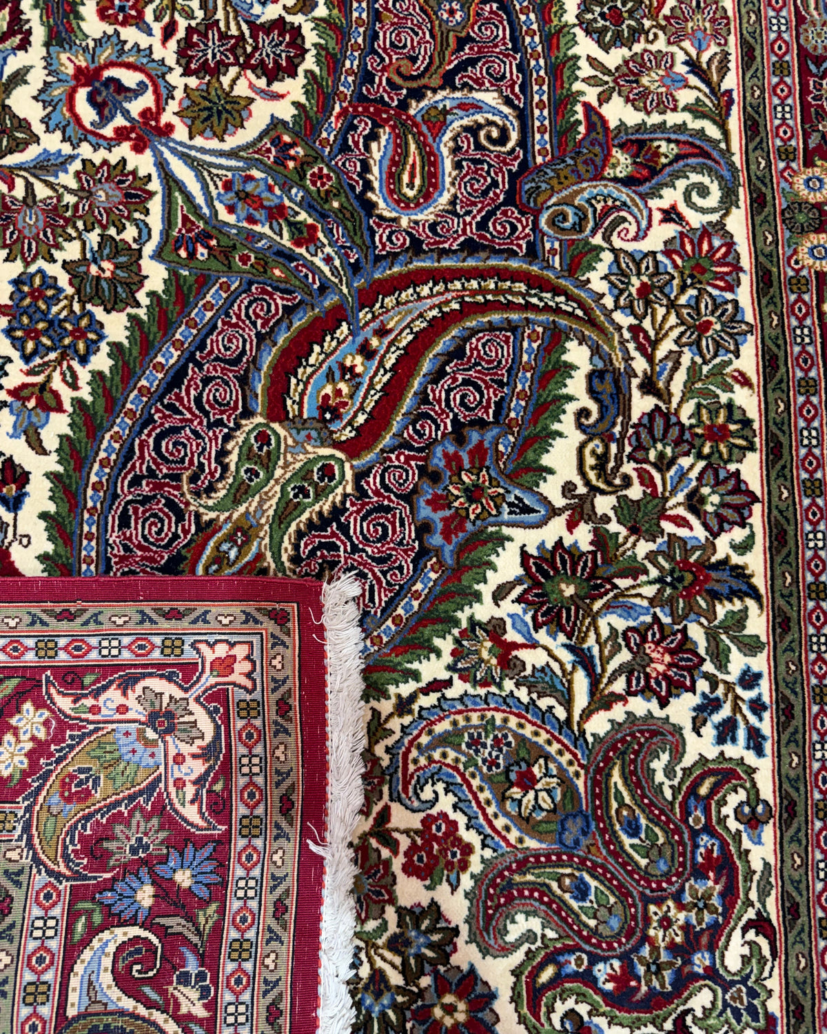 Tappeto persiano Qom Kork 158x107 cm crema e bordeaux con motivo boteh