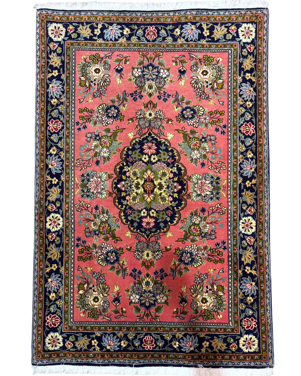 Tappeto persiano Qom Kork 157x103 cm rosa con medaglione floreale blu