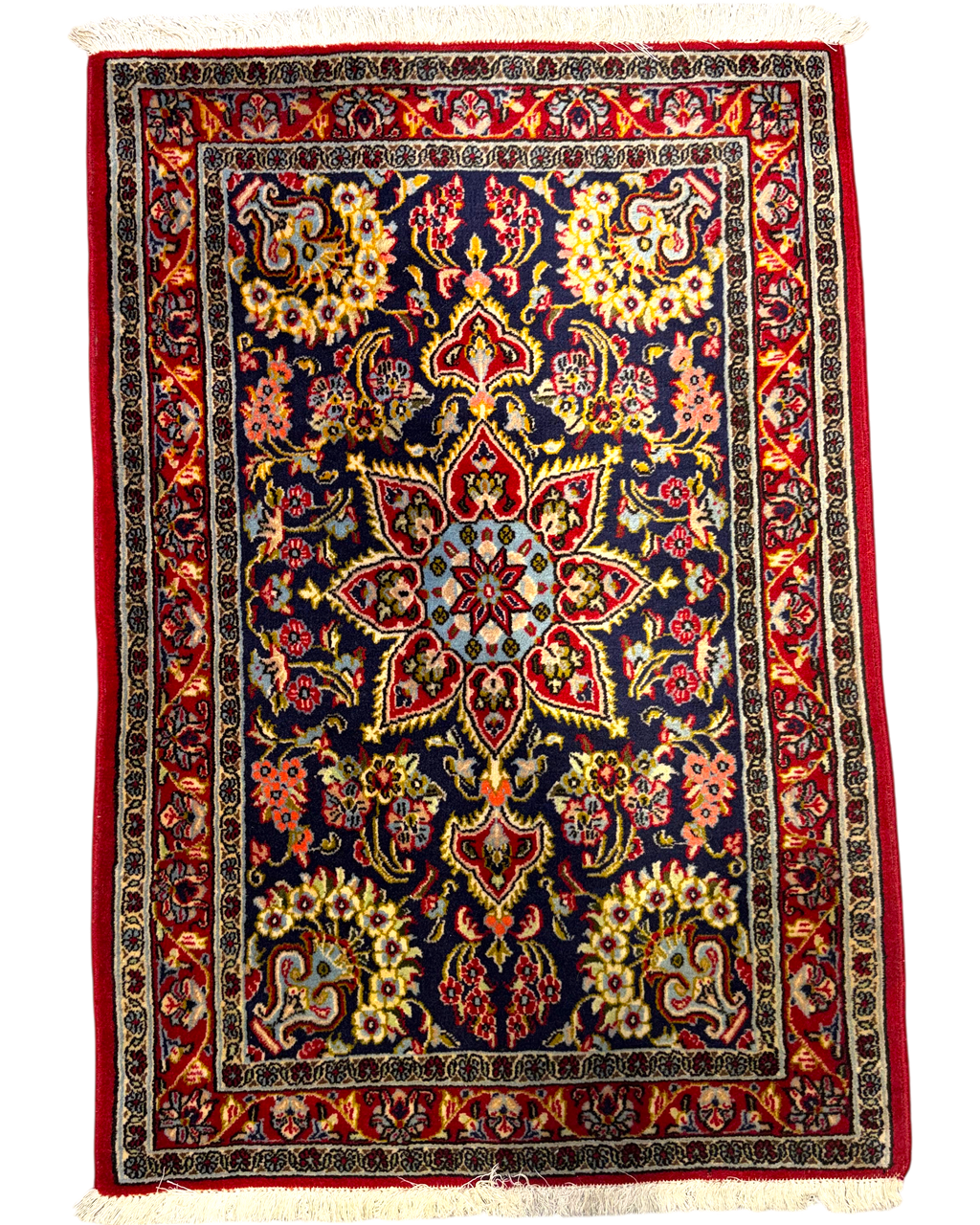 Tappeto persiano Qom 120x81 cm blu con medaglione floreale