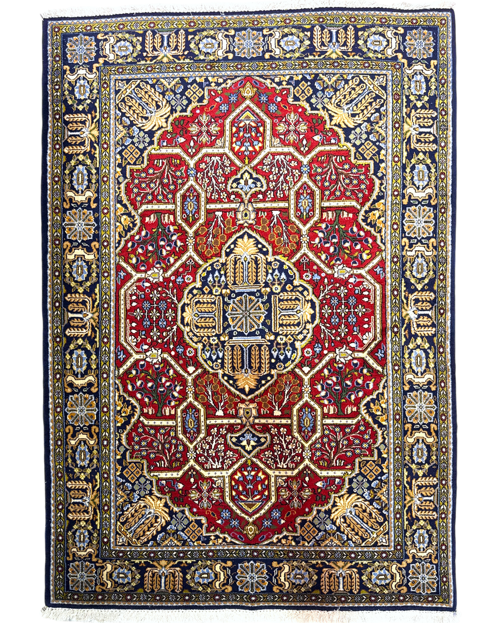 Tappeto persiano Qom 157x107 cm rosso con medaglione centrale blu