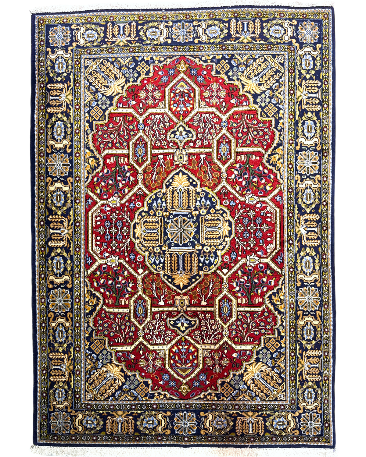 Tappeto persiano Qom 157x107 cm rosso con medaglione centrale blu