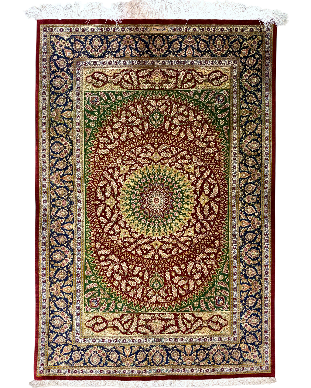 Tappeto persiano Qom in seta 150x98 cm verde e bordeaux con medaglione centrale