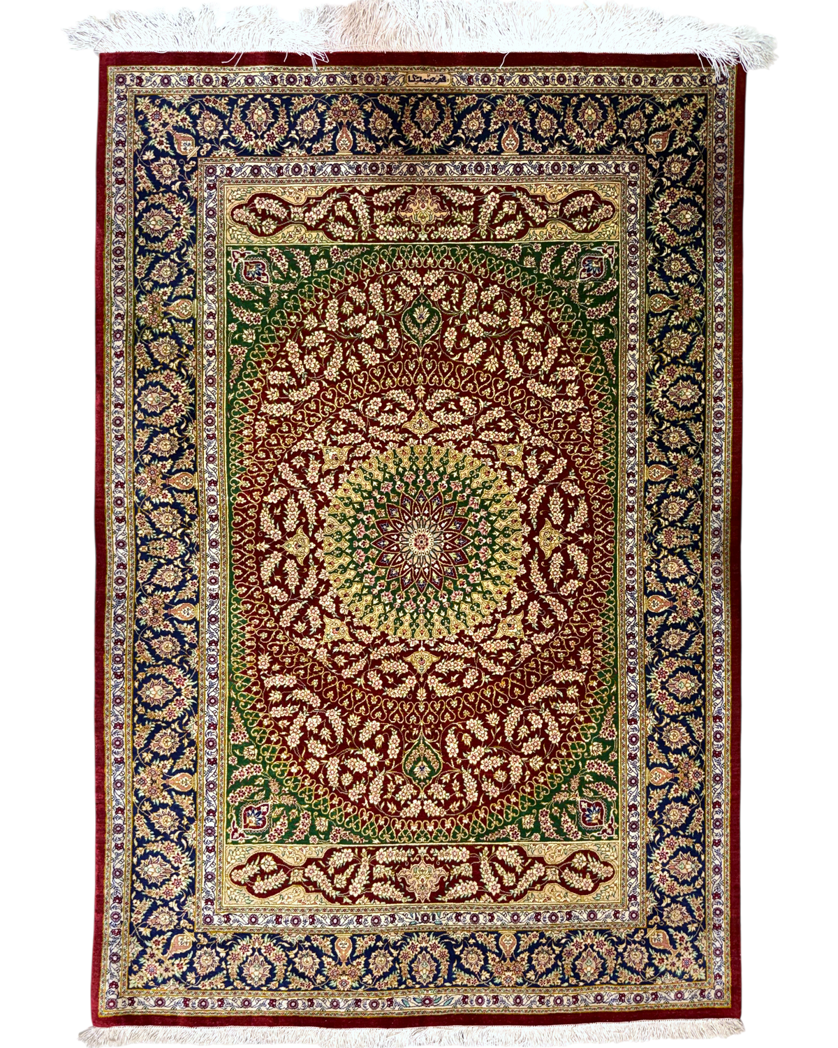 Tappeto persiano Qom in seta 150x98 cm verde e bordeaux con medaglione centrale