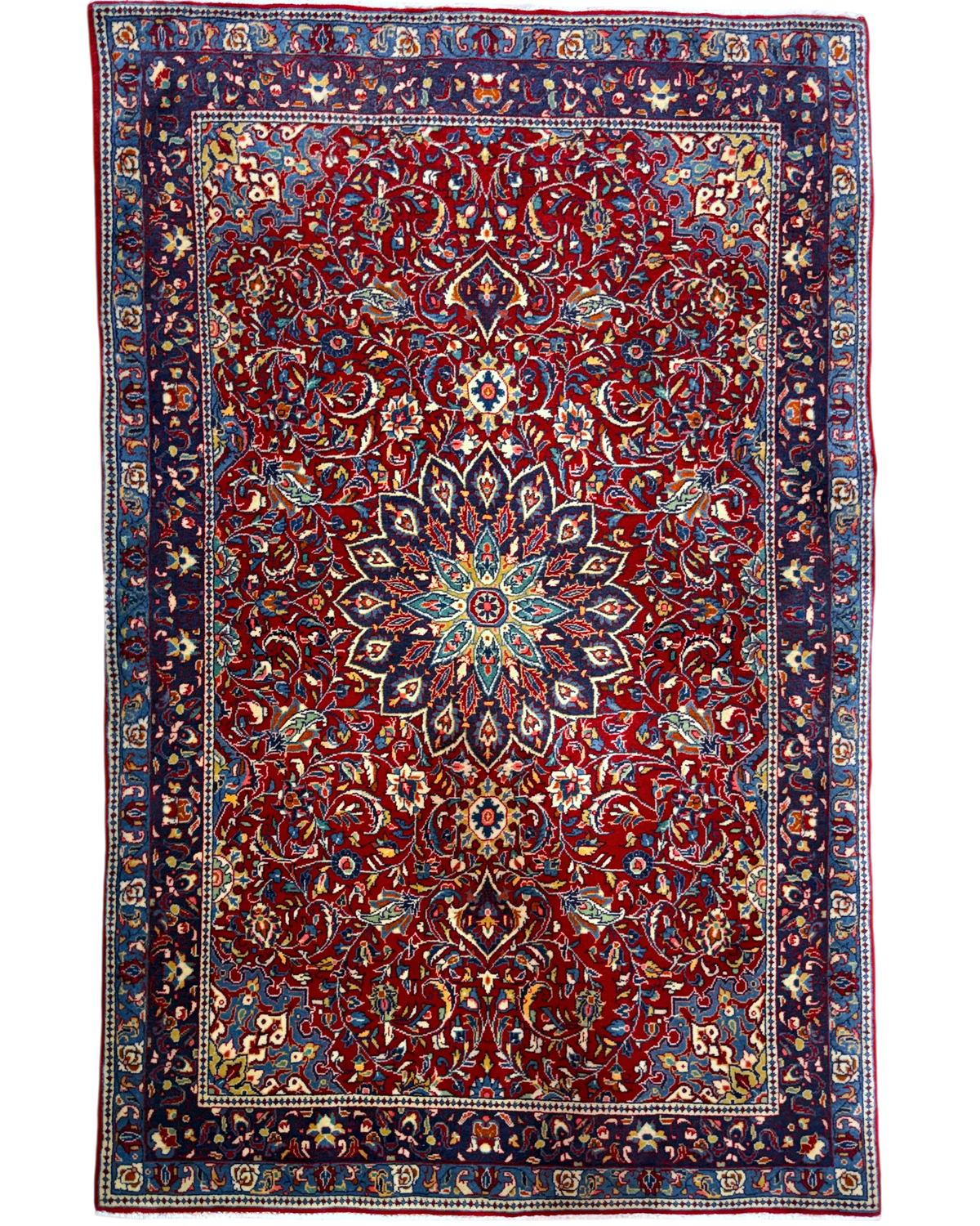 Tappeto persiano Saruk 158x101 cm rosso e blu con medaglione florealeTappeto persiano Saruk 158x101 cm rosso e blu con medaglione floreale