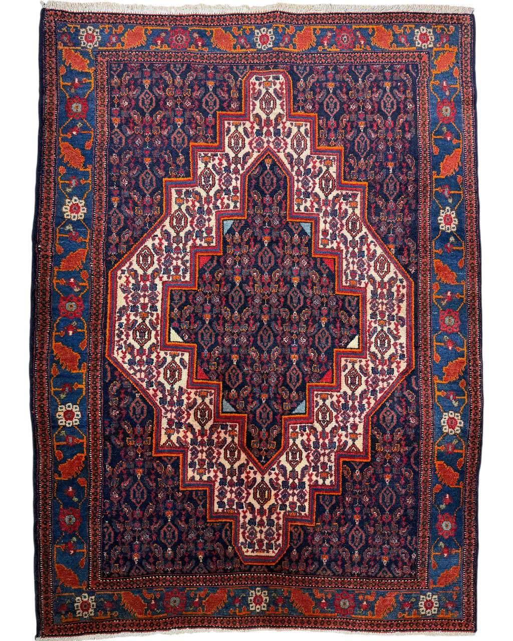 Tappeto persiano Senneh d'epoca 154x113 cm blu con medaglione geometrico