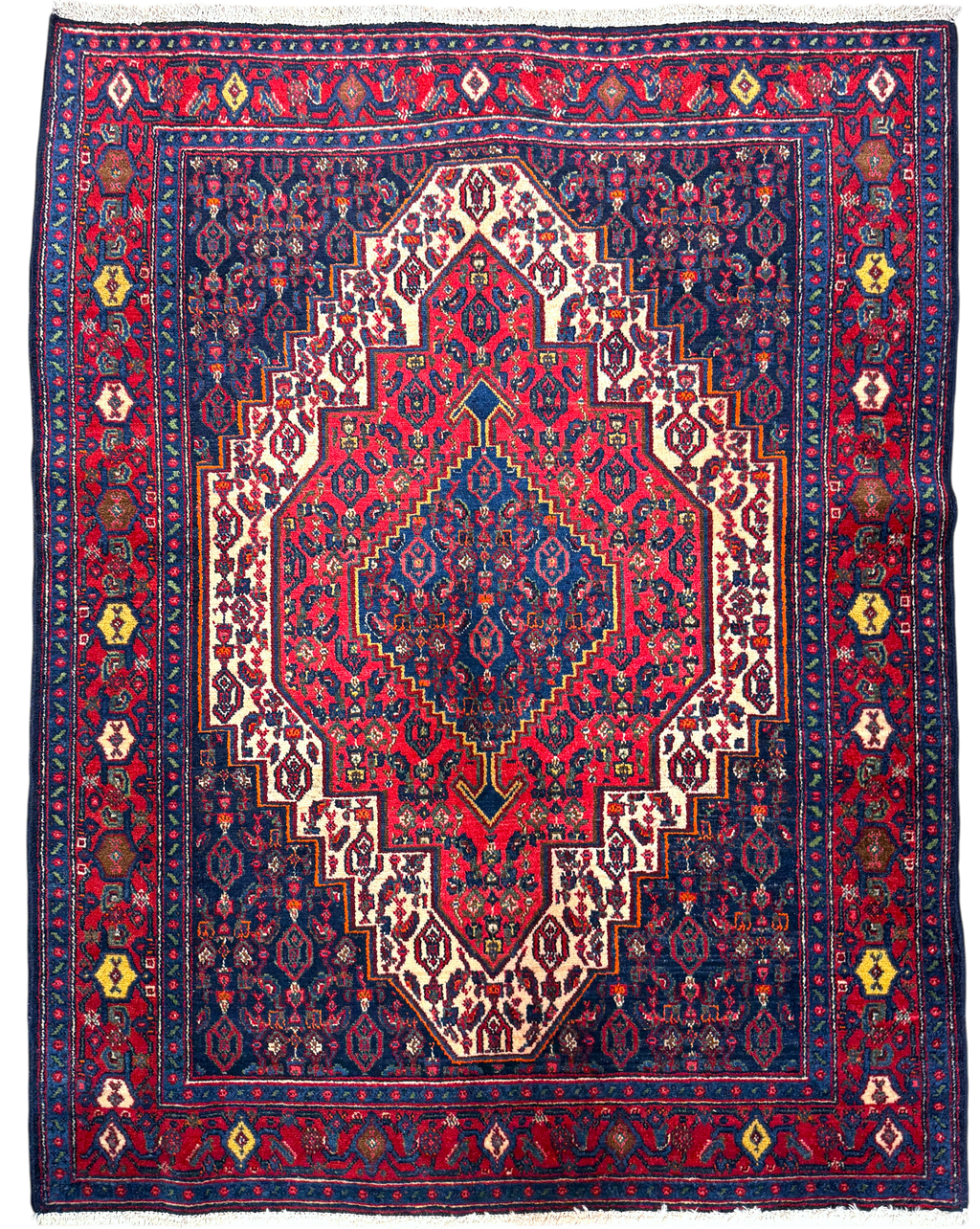 Tappeto persiano Senneh 155x118 cm rosso e blu con medaglione geometrico