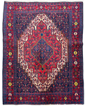 Tappeto persiano Senneh 155x118 cm rosso e blu con medaglione geometrico