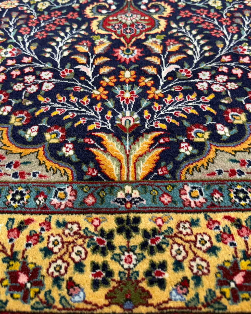 Tappeto persiano Tabriz 50 Raj 145x100 cm blu e oro con medaglione