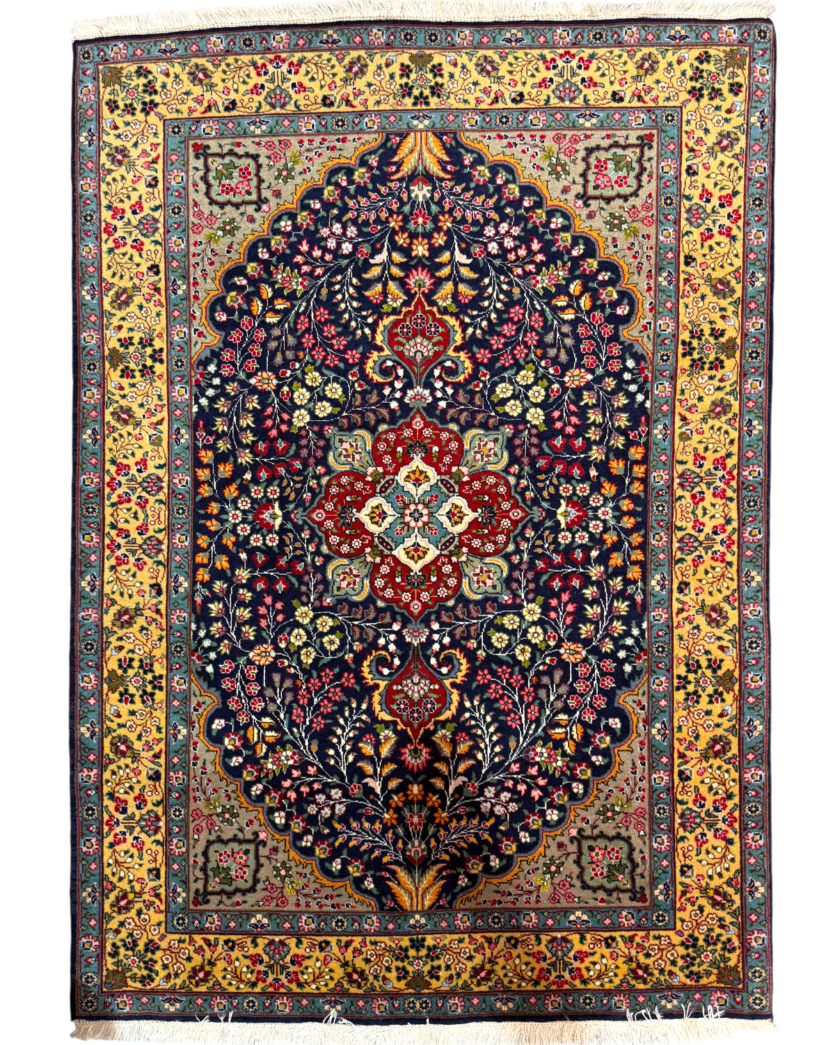 Tappeto persiano Tabriz 50 Raj 145x100 cm blu e oro con medaglione