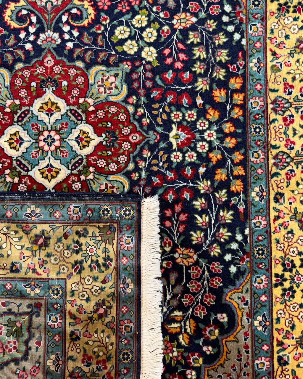 Tappeto persiano Tabriz 50 Raj 145x100 cm blu e oro con medaglione