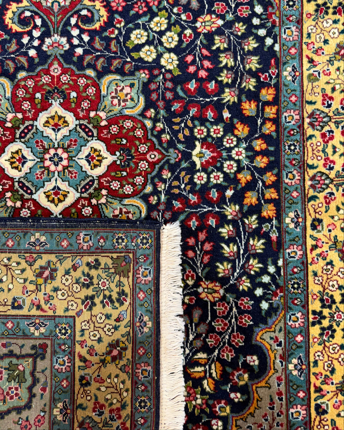 Tappeto persiano Tabriz 50 Raj 145x100 cm blu e oro con medaglione