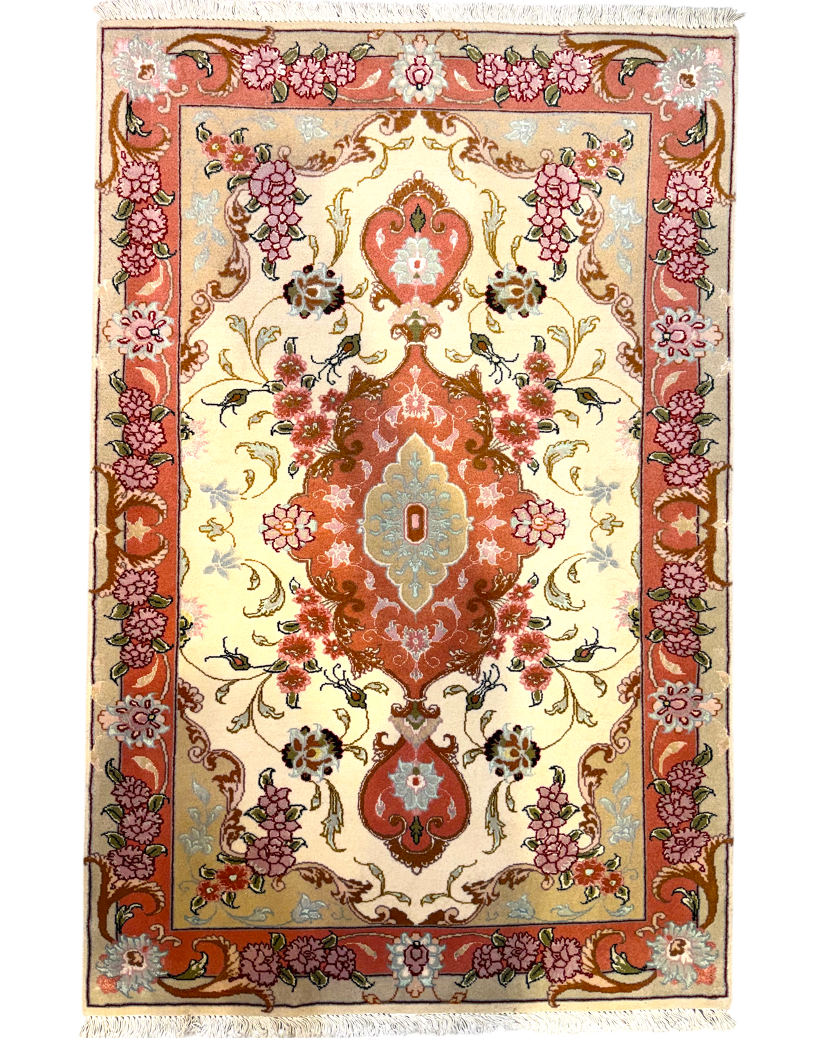 Tappeto persiano Tabriz 60 Raj misto seta 118x77 cm avorio e rosa