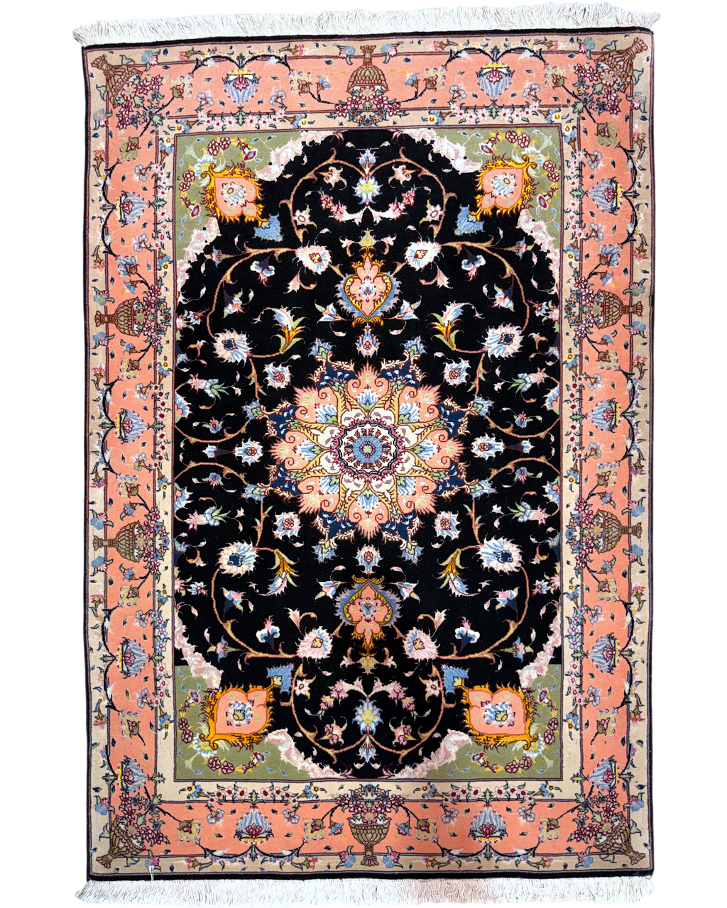 Tappeto persiano Tabriz 60 Raj misto seta 152x100 cm nero e rosa