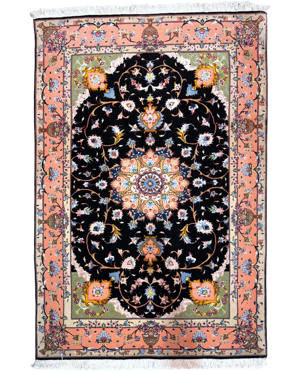 Tappeto persiano Tabriz 60 Raj misto seta 152x100 cm nero e rosa