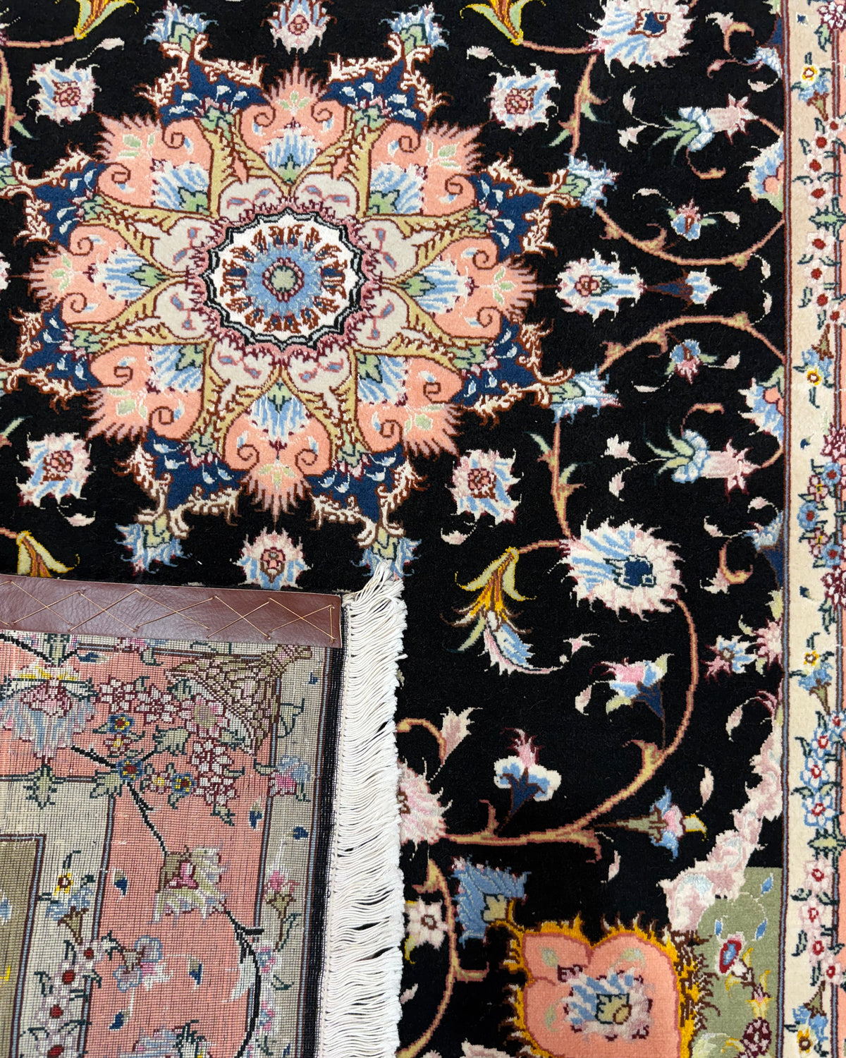 Tappeto persiano Tabriz 60 Raj misto seta 152x100 cm nero e rosa