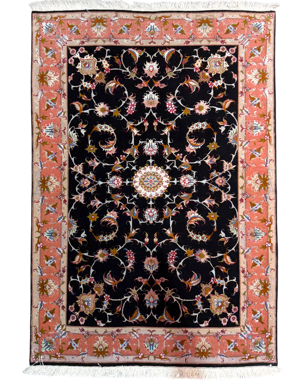 Tappeto persiano Tabriz 60 Raj misto seta 156x102 cm nero con motivi floreali