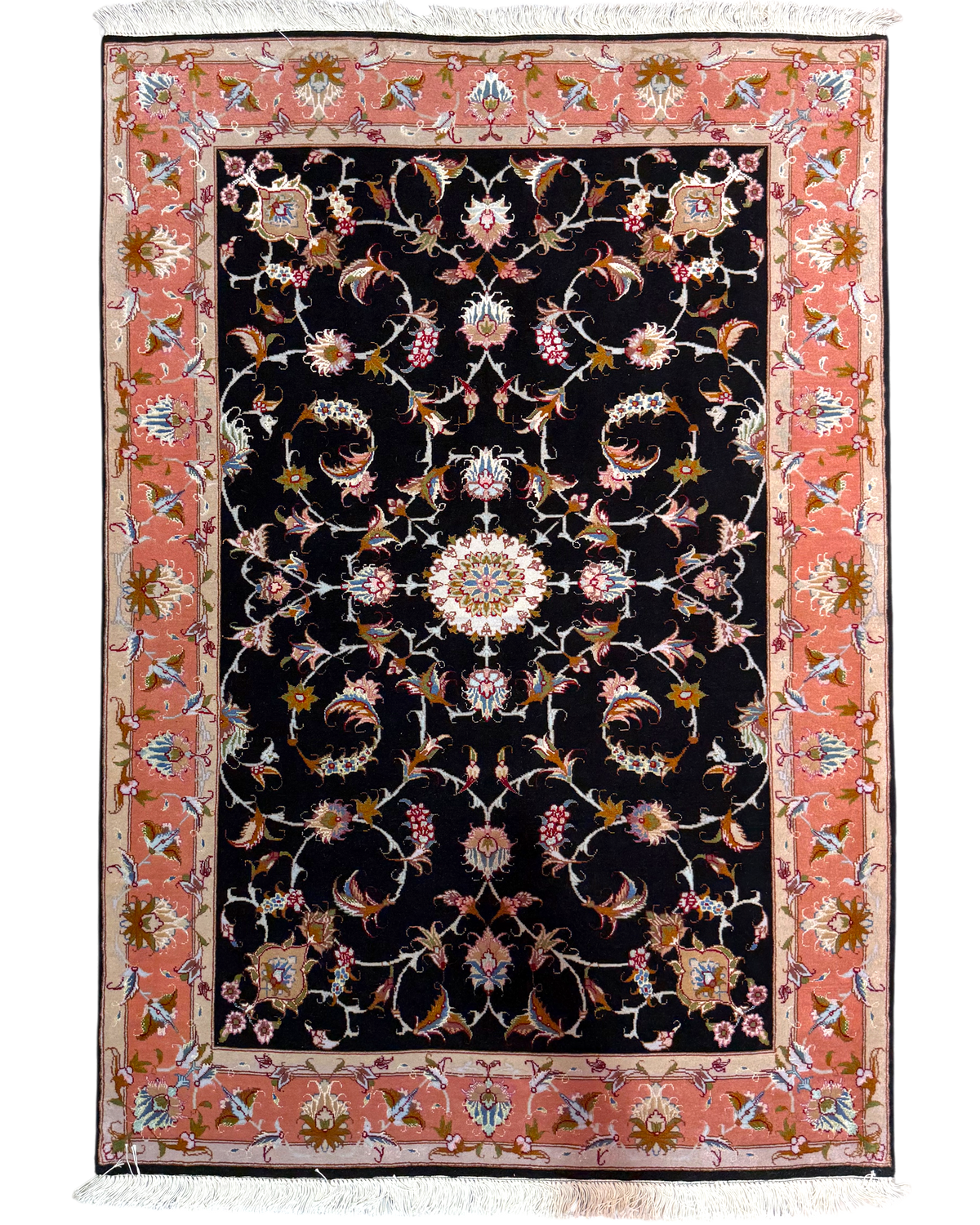 Tappeto persiano Tabriz 60 Raj misto seta 156x102 cm nero con motivi floreali