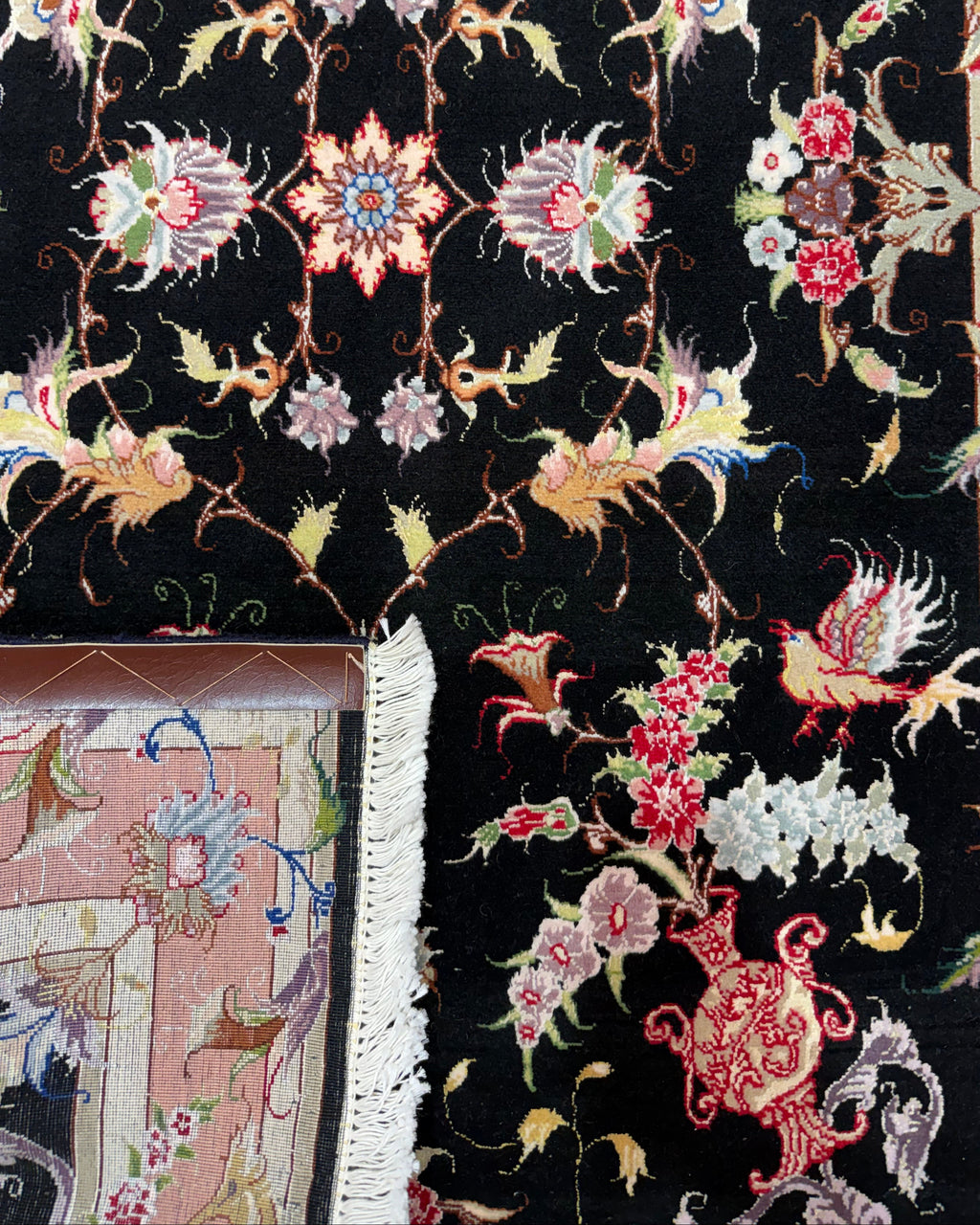 Tappeto persiano Tabriz 60 Raj misto seta 158x104 cm nero e rosa
