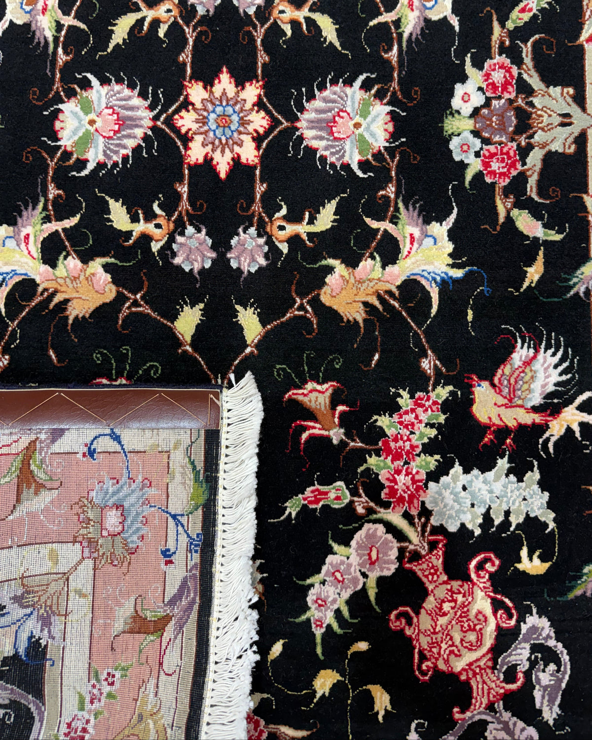 Tappeto persiano Tabriz 60 Raj misto seta 158x104 cm nero e rosa