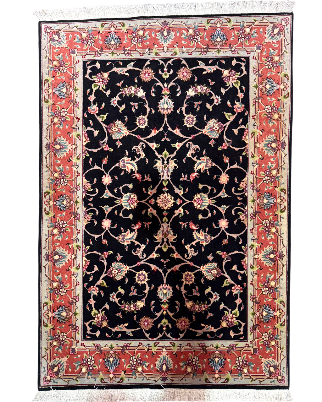 Tappeto persiano Tabriz 60 Raj misto seta 147x100 cm nero e salmone con motivi floreali