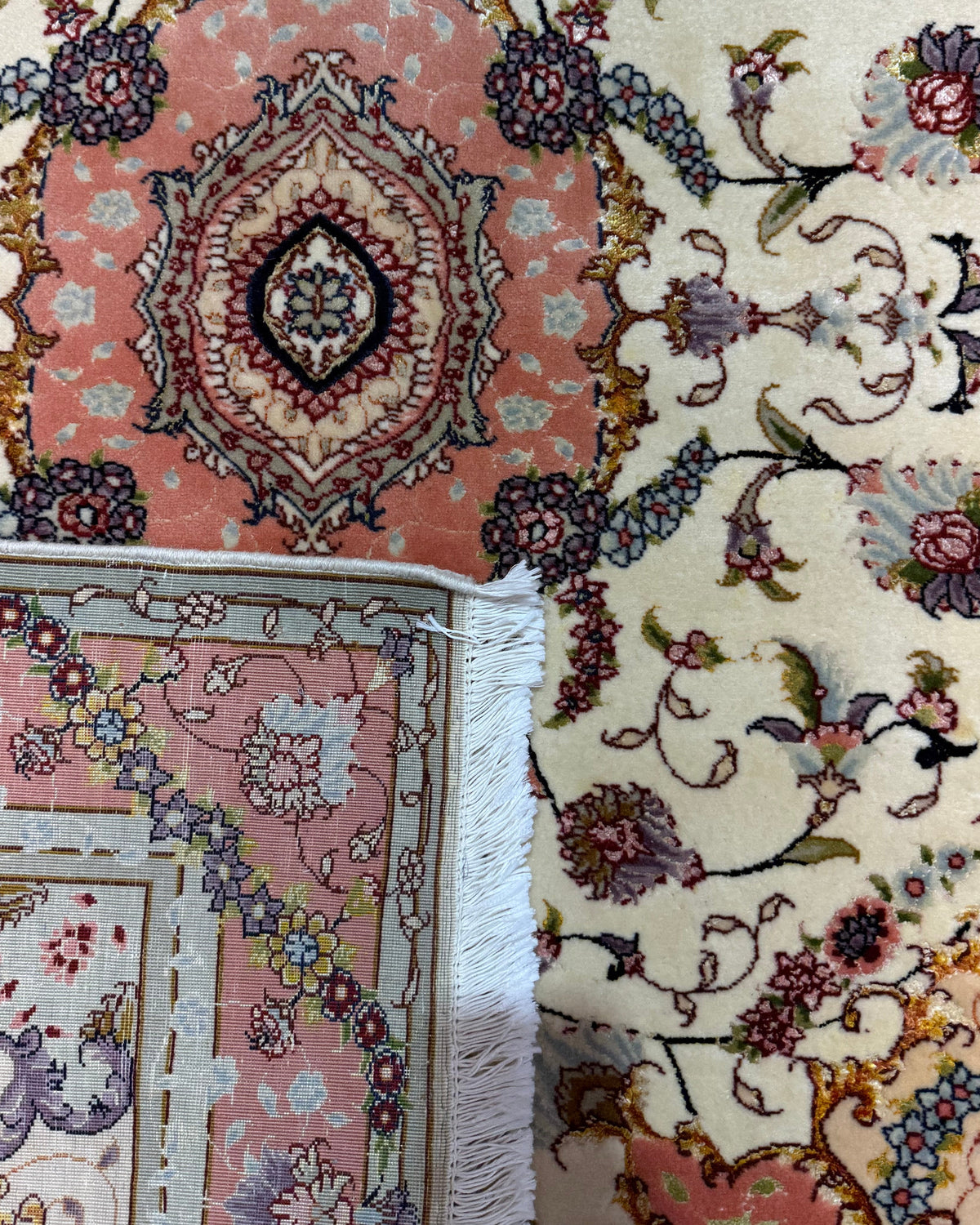 Tappeto persiano Tabriz 60 Raj misto seta 150x103 cm rosa e crema