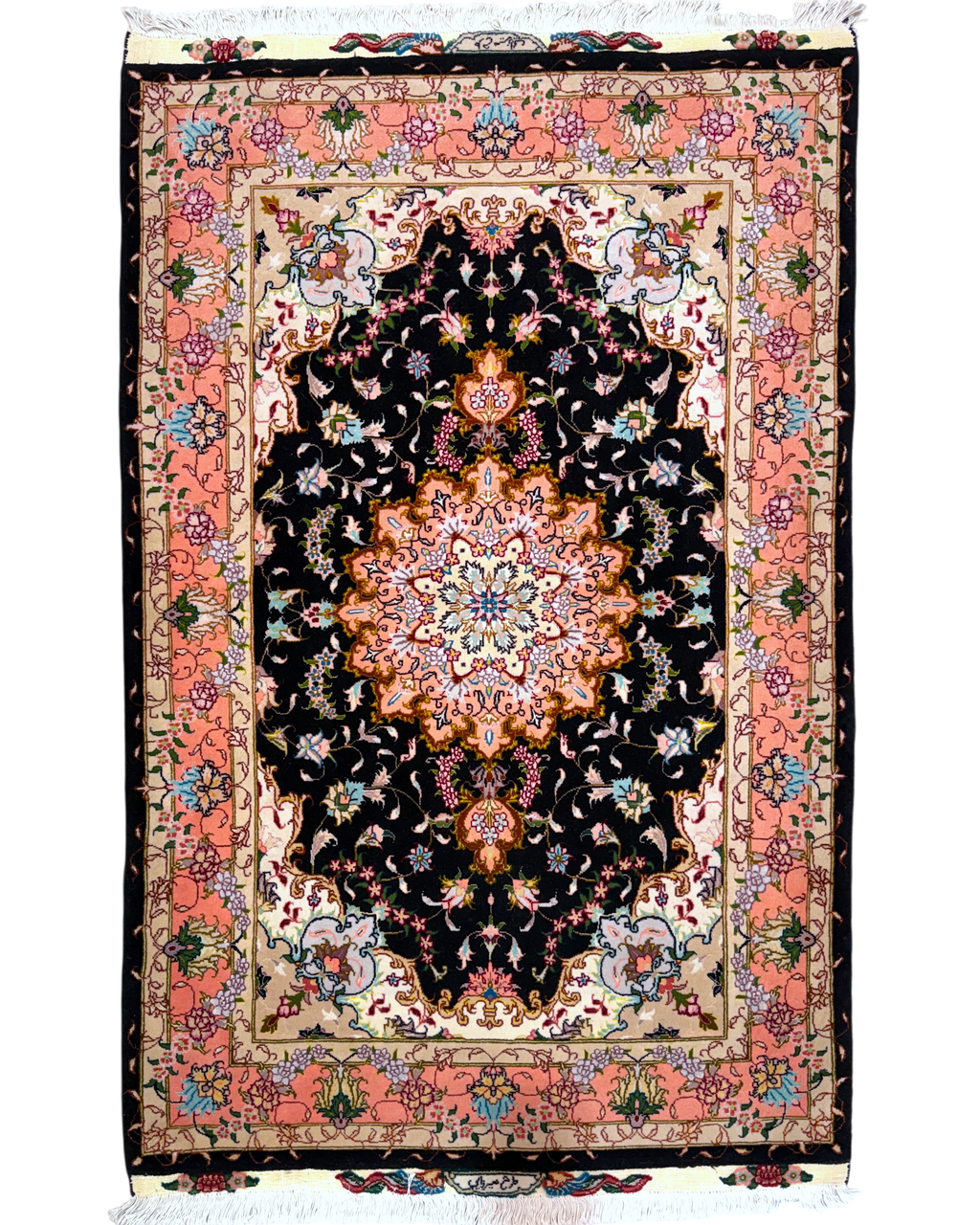 Tappeto persiano Tabriz 60 Raj misto seta 153x100 cm rosa e nero