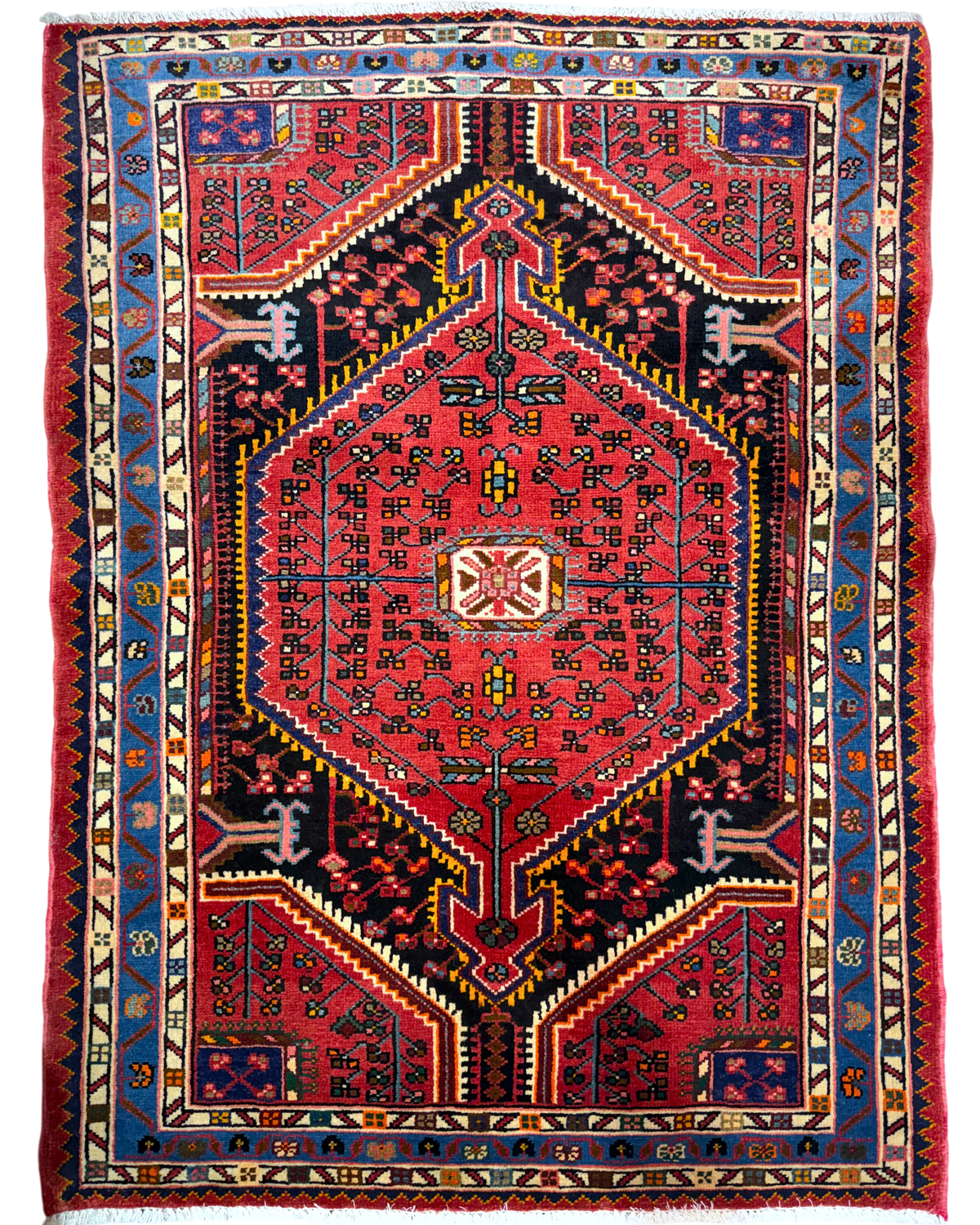 Tappeto persiano Tuserkan 150x112 cm rosso e blu con medaglione geometrico