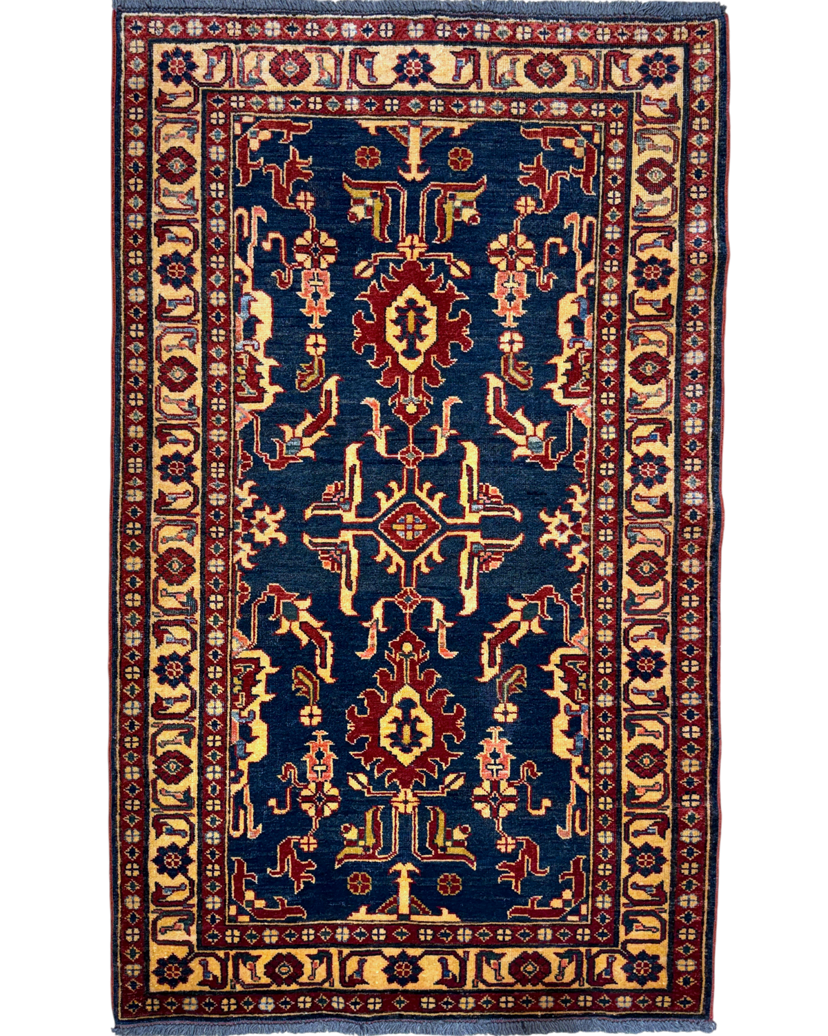 Tappeto Uzbek 160x98 cm blu con motivi geometrici rossi e crema