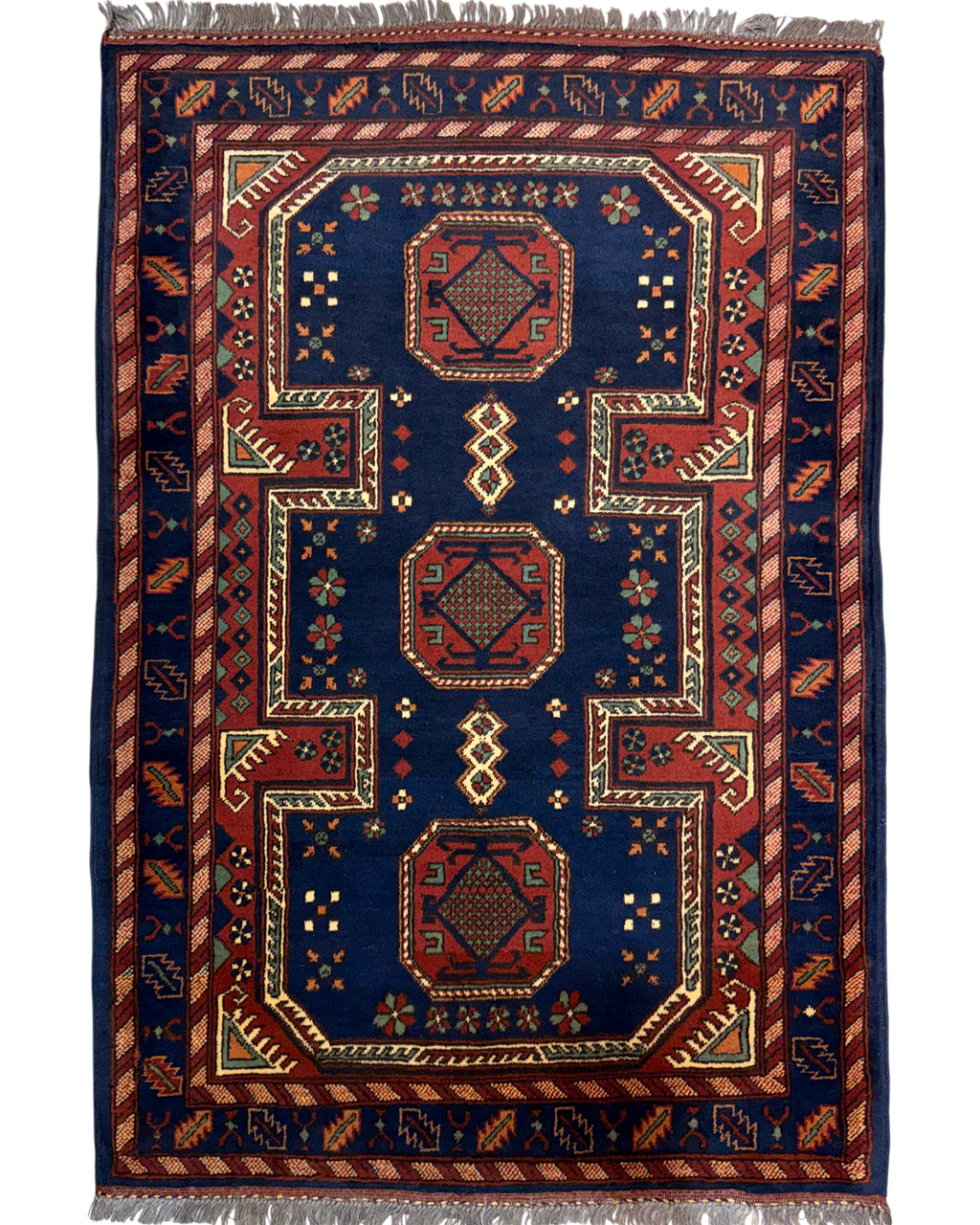Tappeto Uzbek 150x100 cm blu scuro e rosso con tre medaglioni geometrici