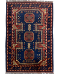 Tappeto Uzbek 150x100 cm blu scuro e rosso con tre medaglioni geometrici