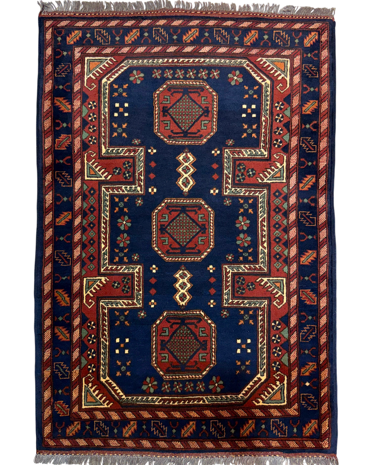 Tappeto Uzbek 150x100 cm blu scuro e rosso con tre medaglioni geometrici