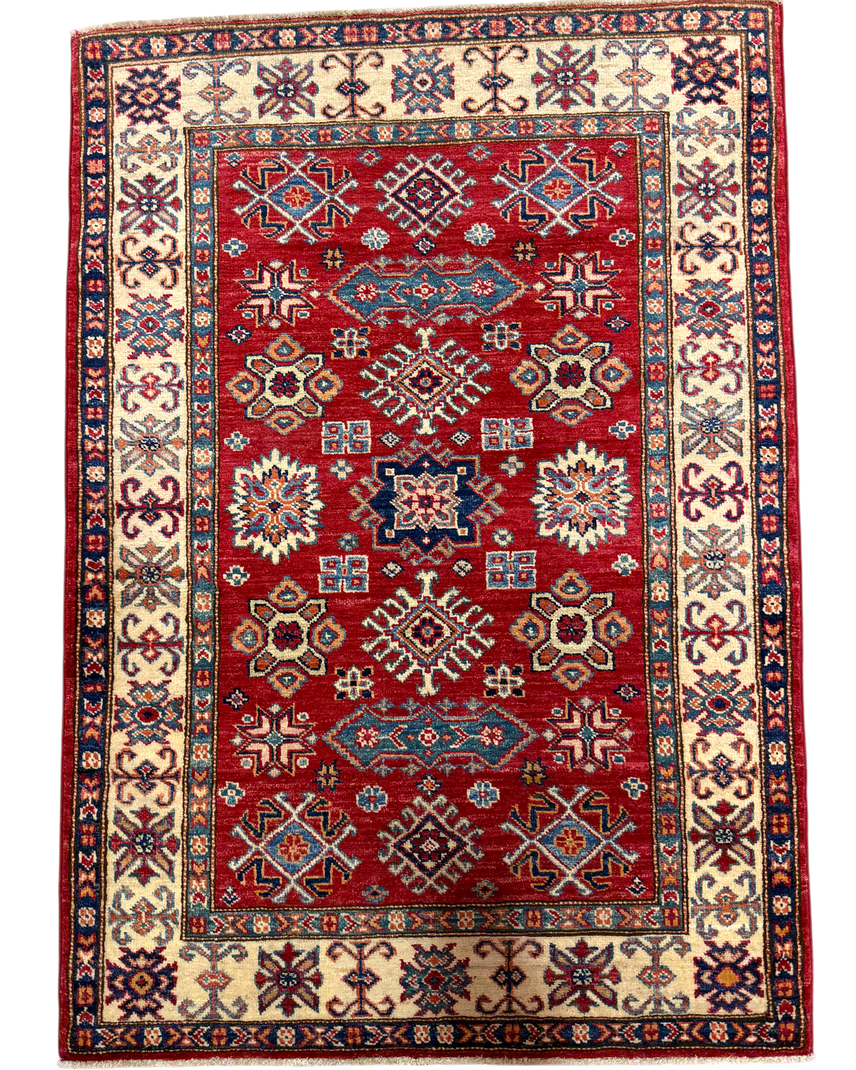 Tappeto Uzbek 142x101 cm rosso con motivi geometrici policromi