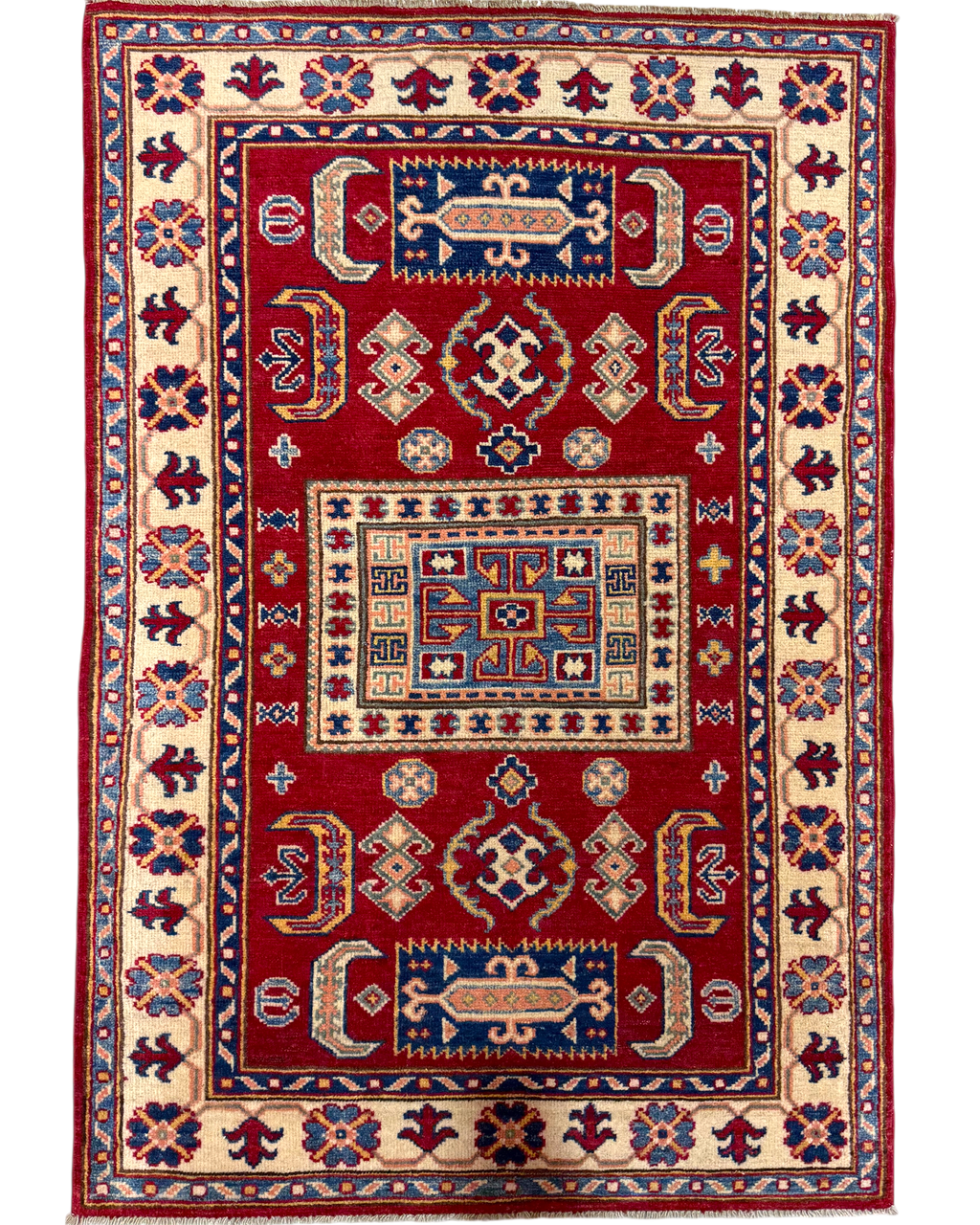 Tappeto Uzbek 144x98 cm rosso con motivi geometrici blu e avorio