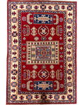 Tappeto Uzbek 144x98 cm rosso con motivi geometrici blu e avorio