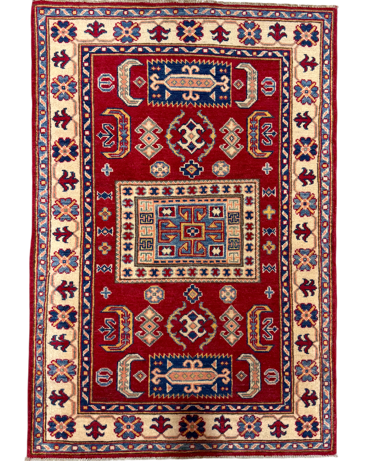 Tappeto Uzbek 144x98 cm rosso con motivi geometrici blu e avorio