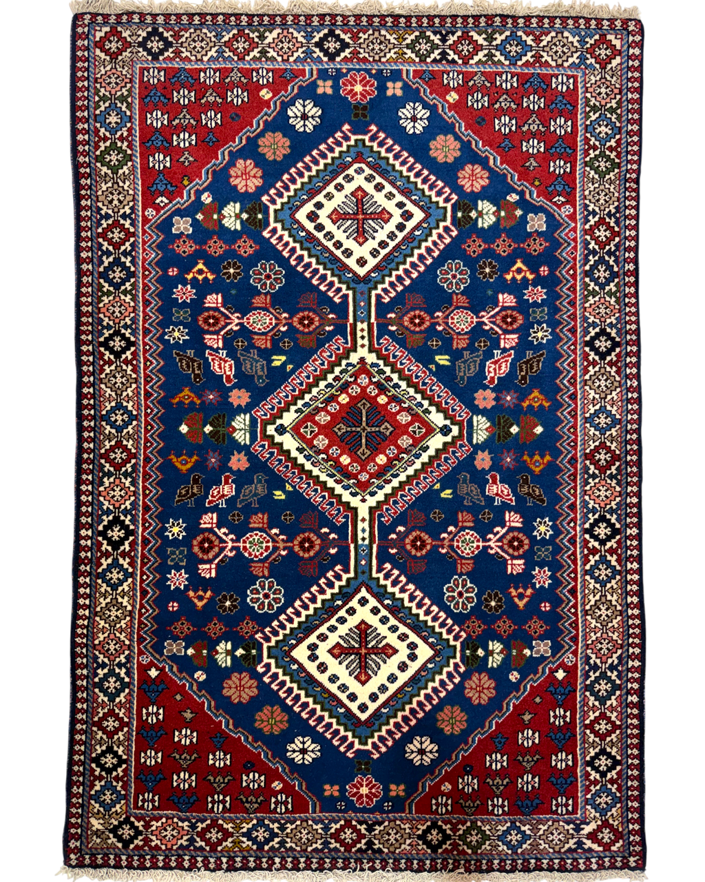 Tappeto persiano Yalameh 151x104 cm blu e rosso con medaglioni geometrici