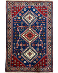 Tappeto persiano Yalameh 151x104 cm blu e rosso con medaglioni geometrici