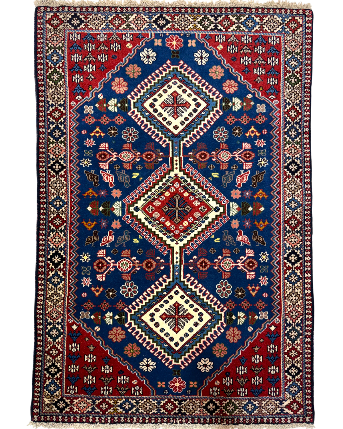 Tappeto persiano Yalameh 151x104 cm blu e rosso con medaglioni geometrici