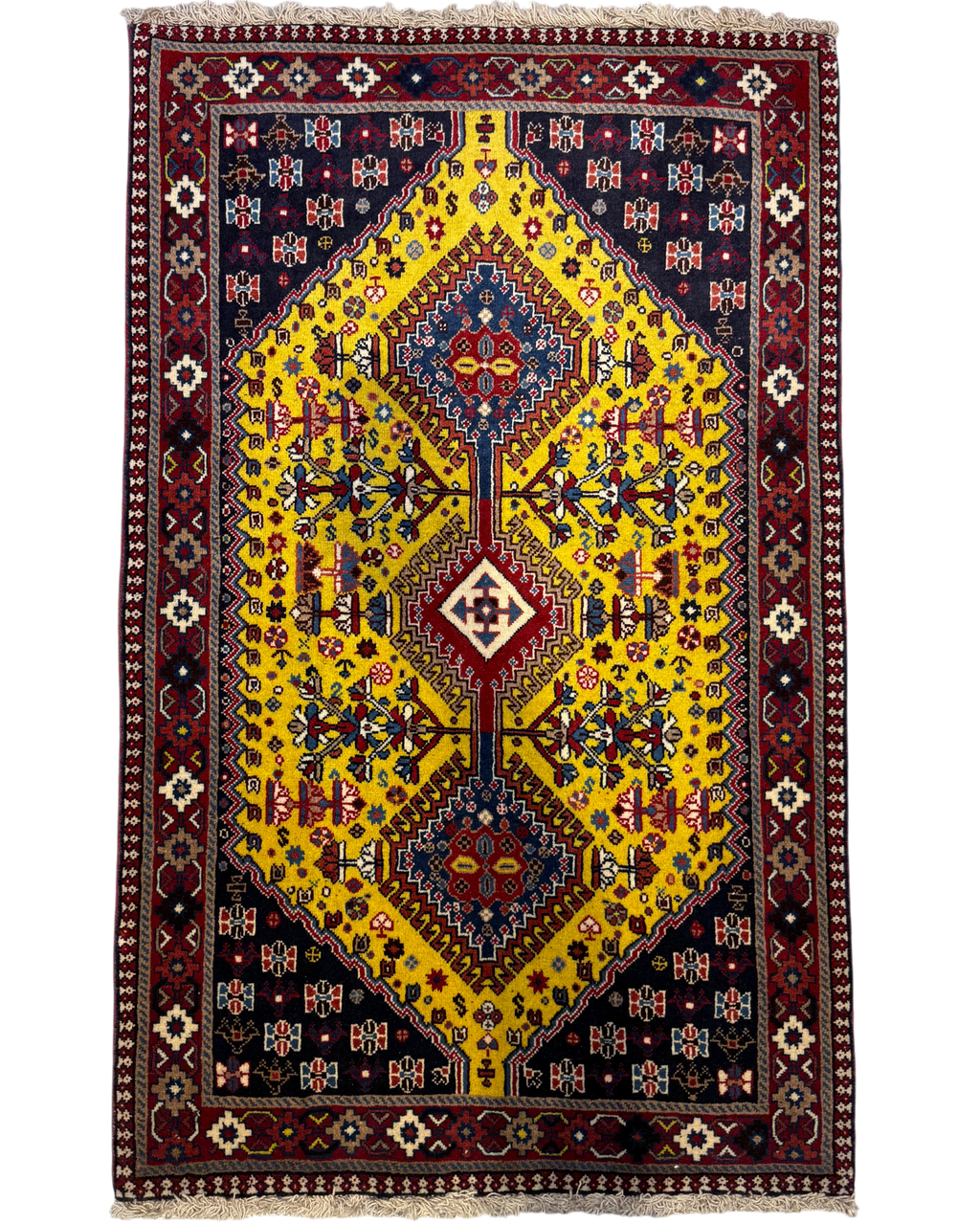 Tappeto persiano Yalameh 135x81 cm giallo con disegno geometrico