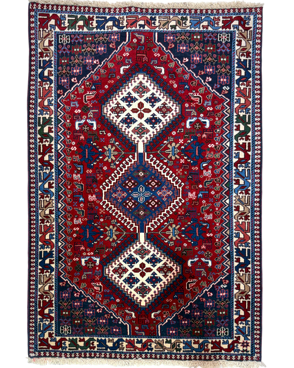 Tappeto persiano Yalameh 147x95 cm rosso con tre medaglioni geometrici