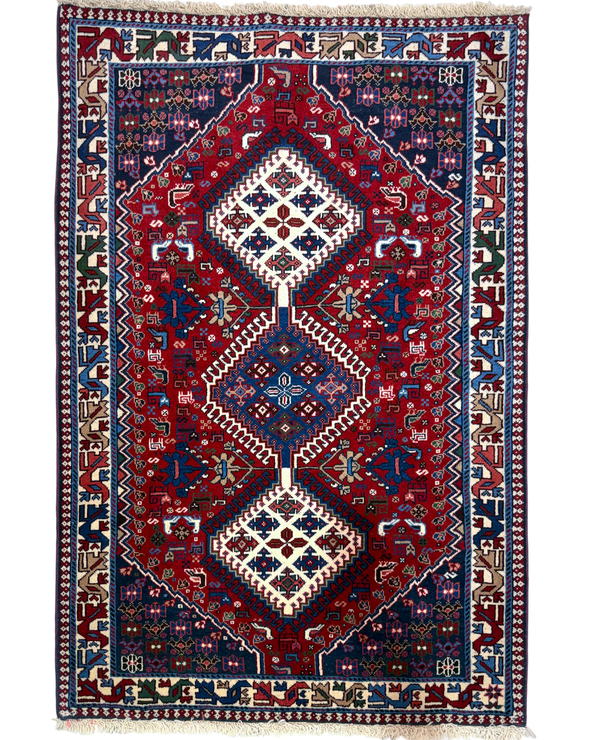 Tappeto persiano Yalameh 147x95 cm rosso con tre medaglioni geometrici