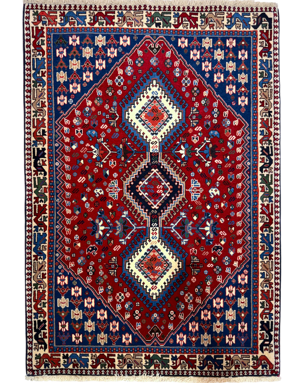 Tappeto persiano Yalameh 150x103 cm rosso con medaglioni geometrici