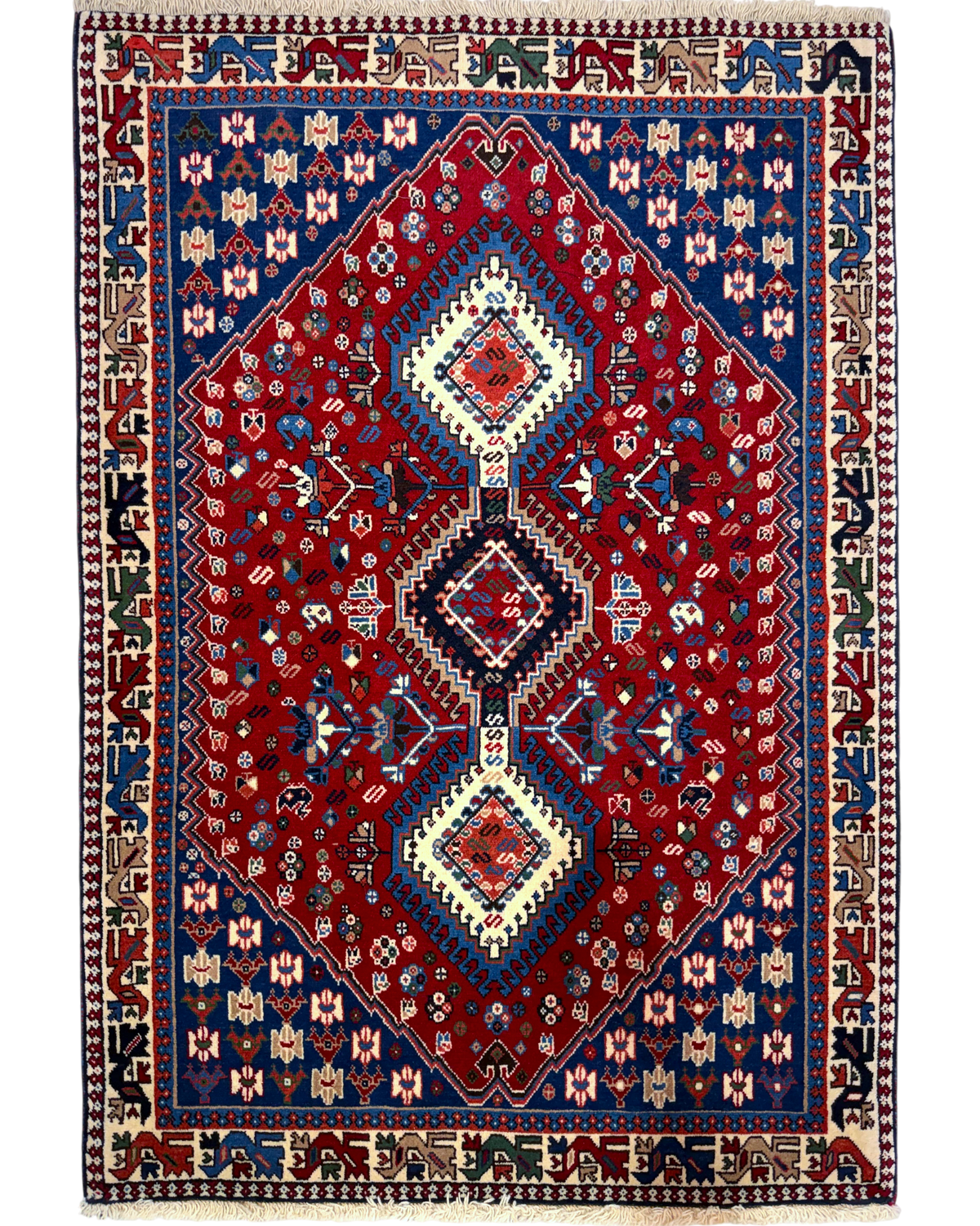 Tappeto persiano Yalameh 150x103 cm rosso con medaglioni geometrici