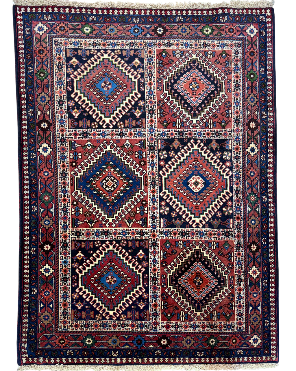Tappeto persiano Yalameh 144x107 cm rosso e blu con motivi geometrici
