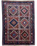 Tappeto persiano Yalameh 144x107 cm rosso e blu con motivi geometrici