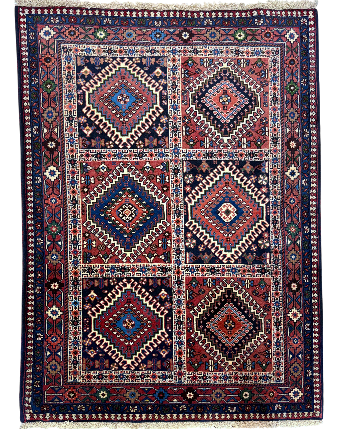 Tappeto persiano Yalameh 144x107 cm rosso e blu con motivi geometrici