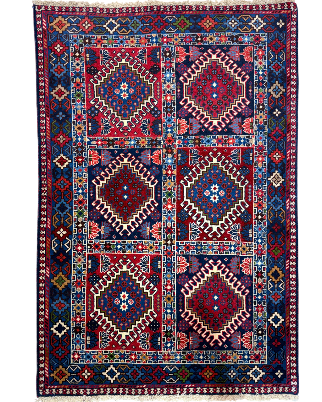 Tappeto persiano Yalameh 148x98 cm rosso e blu con motivi geometrici