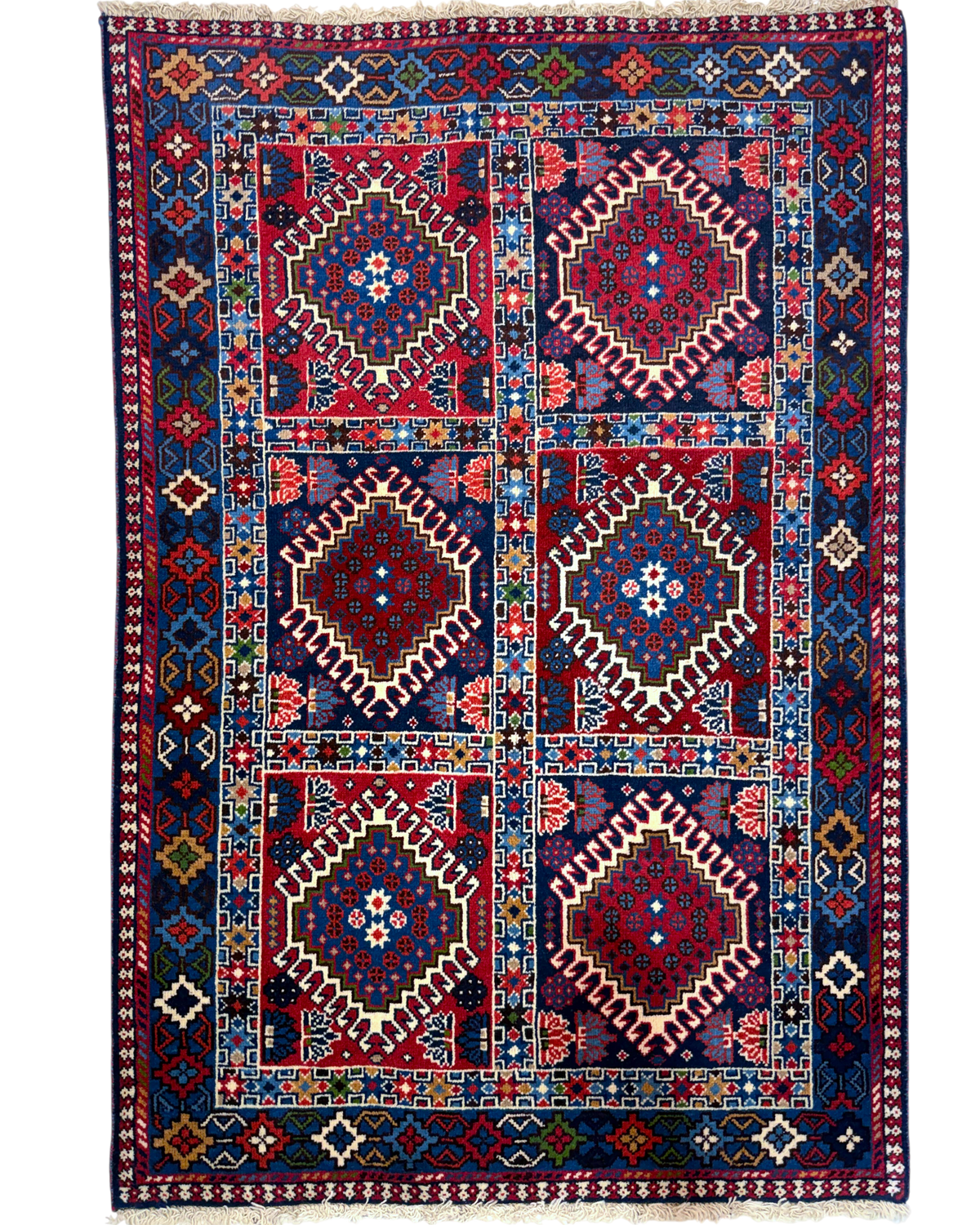 Tappeto persiano Yalameh 148x98 cm rosso e blu con motivi geometrici